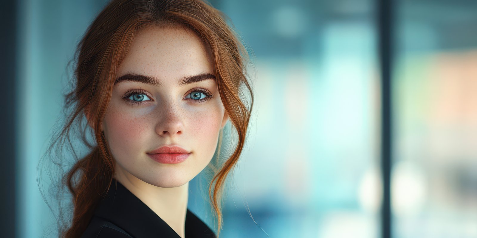 Young woman with blue eyes and red hair posing in an indoor setting during daylight hours